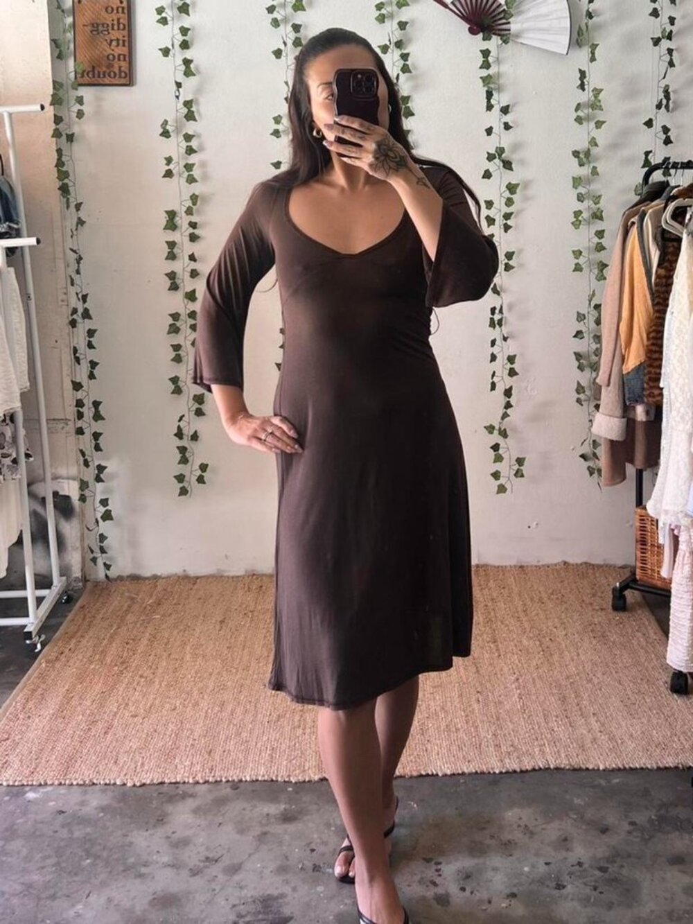 Vintage Y2K BCBG Girls brown midi dress with a soft, flowy silhouette size XS